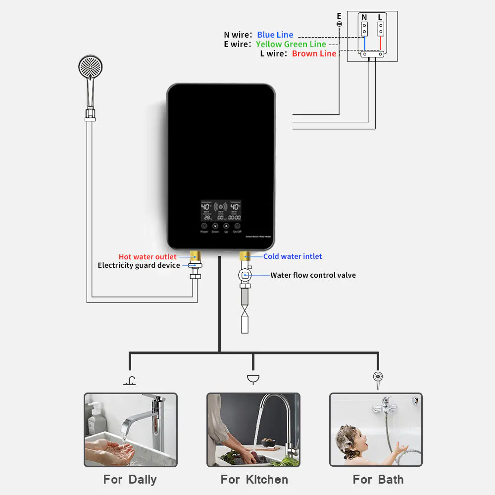 Instant Water Heater Shower Bathroom Faucets Kitchen Tap Electric Water Heater 220V 8000W Digital Display Temperature Adjustable